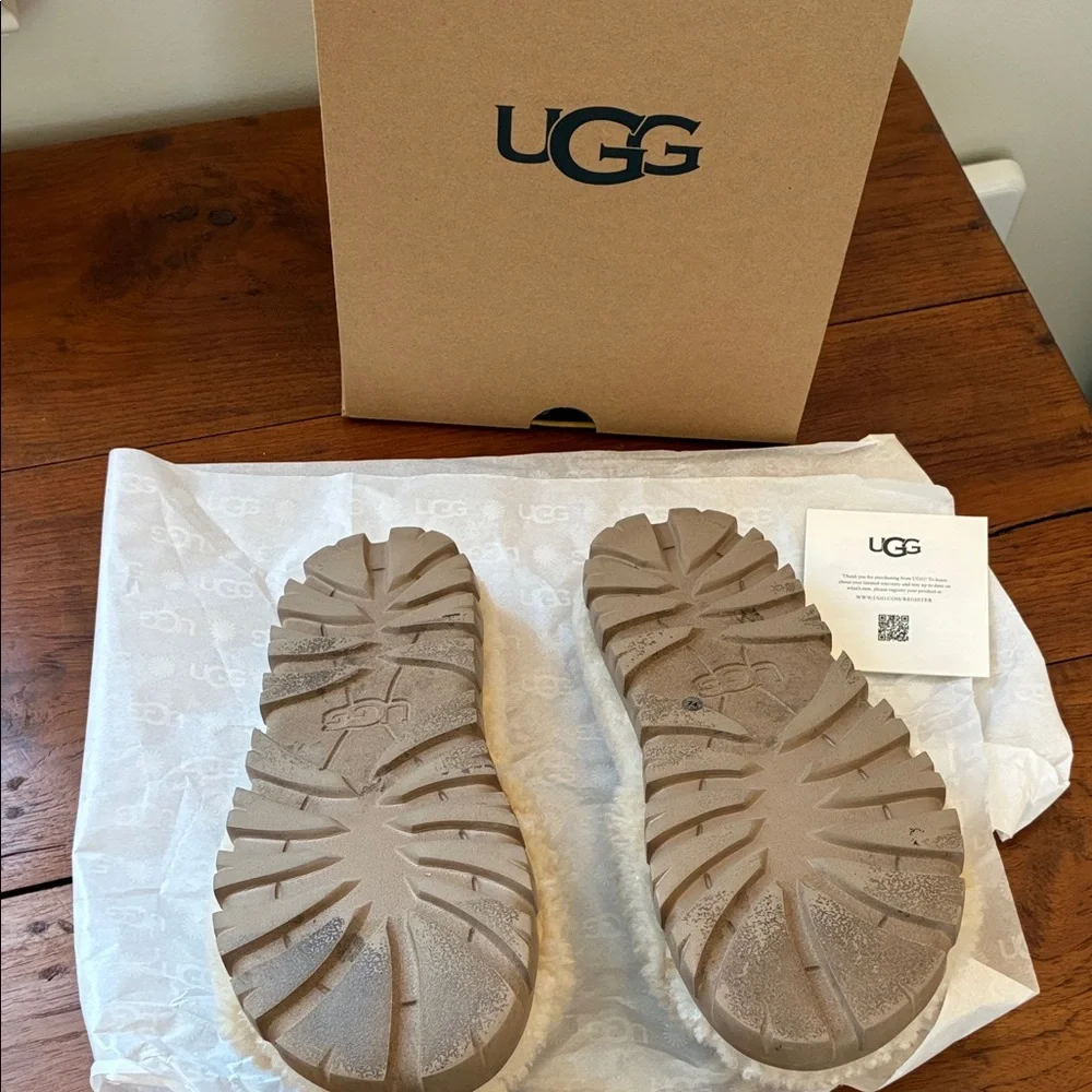 UGG Women’s Cream Shearling Slide Slippers with Black Logo